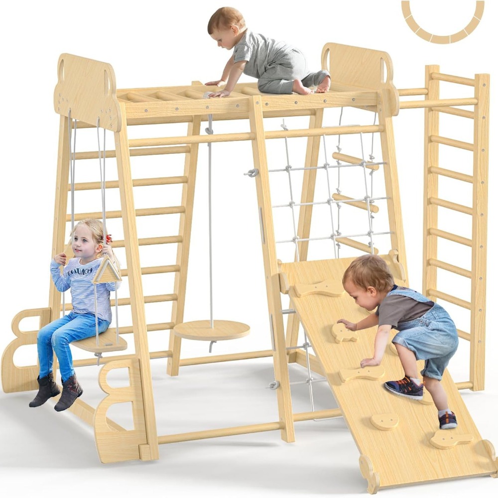 Kids Outdoor Climbing Frame - ชุดเครื่องเล่นในร่ม 9-in-1 สำหรับเด็ก ชุดปีนป่ายไม้พร้อมสไลเดอร์ ชิงช้า บาร์ลิง