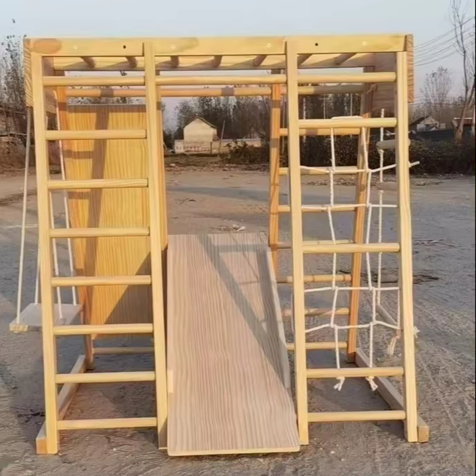 Kids Outdoor Climbing Frame - ชุดของเล่นปีนป่ายสามเหลี่ยมไม้สไตล์มอนเตสซอรี่สำหรับเด็ก บ้านจำลองทรงทีพี สนามเด็กเล่นในร่มไม้